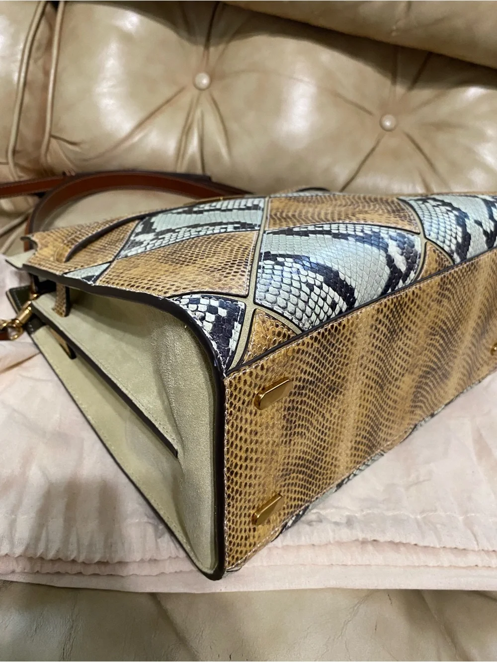 LKNW Tory Burch Lee Radziwill Large Double Bag Leather Snake Python Green Beige